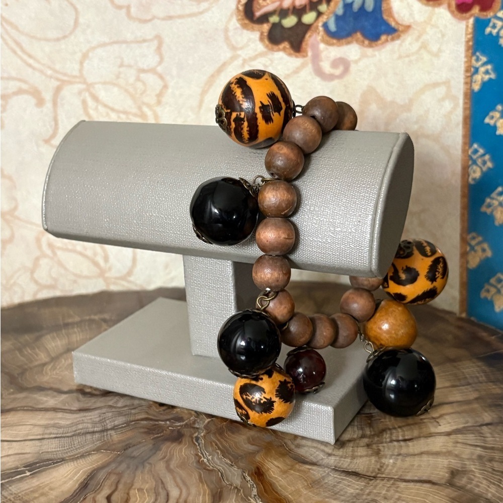 Handmade Wooden Beaded Leopard Print Stretch Bracelet